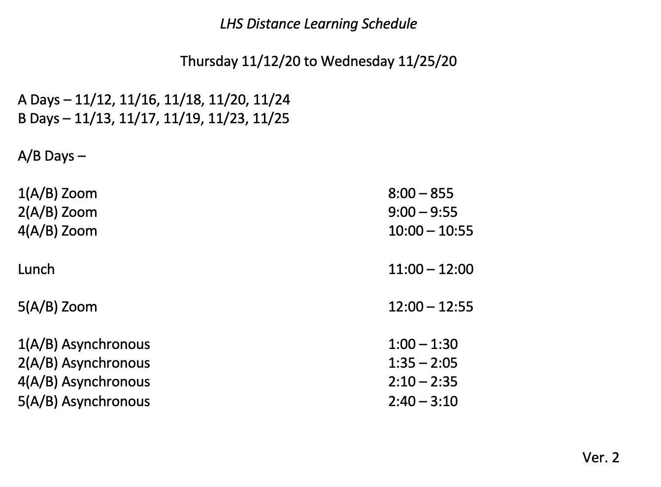 LHS Distance Learning Schedule